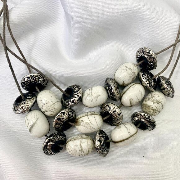 Boho Fairy Multi Strand Black White Silver Marbled Beaded Layered Necklace - Picture 2 of 4